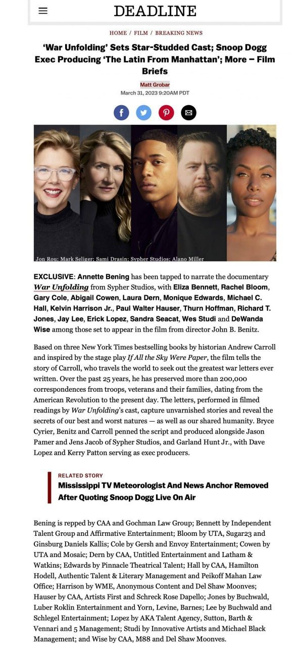 (L-R) Annette Bening, Laura Dern, Kelvin Harrison Jr., Paul Walter Hauser and DeWanda Wise board ‘War Unfolding’ documentary